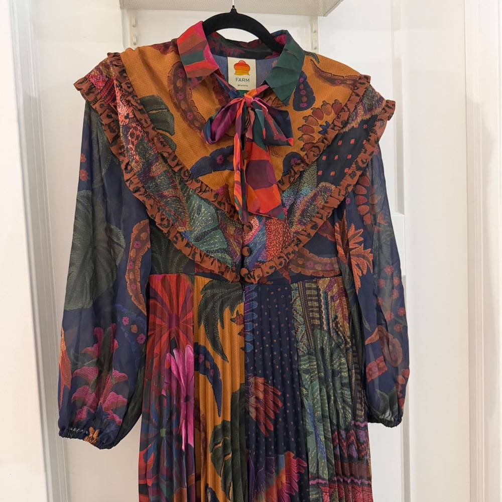 Farm Rio Mixed Print Pleated Maxi Dress Boho Colorful Maximalist Modest Vacay XS - Picture 3 of 8